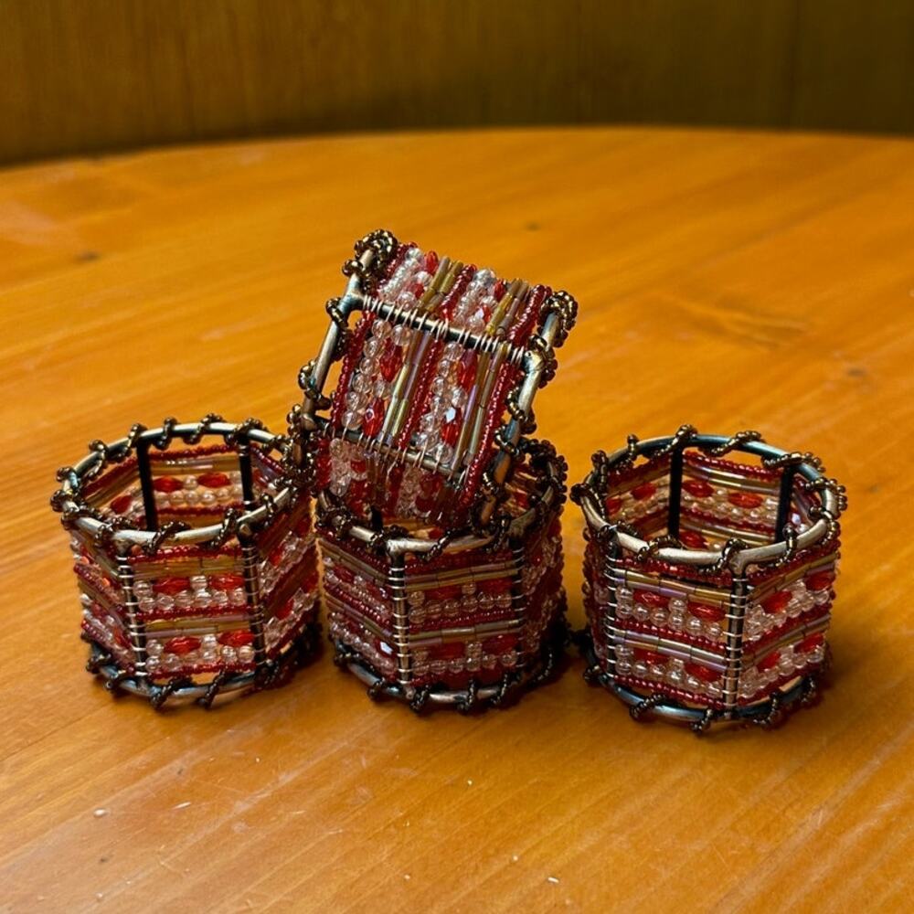 Pier One Red and Pink Beaded Copper Napkin Rings - Set of 4